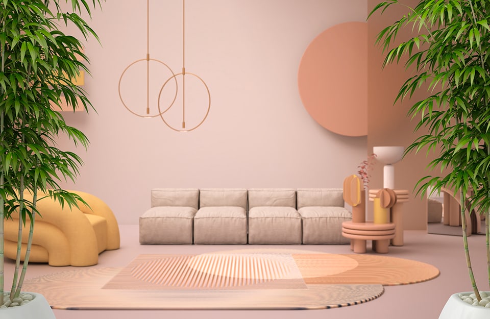 Salotto moderno con mobili di design tutti sui toni del rosa pesca e del giallo, con mobili dalle linee tondeggianti, tra sofà, tappeti, poltrona, lampadari e tavolini-scultura